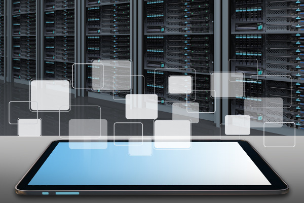 Tablet with data backap solutions icons floating above it