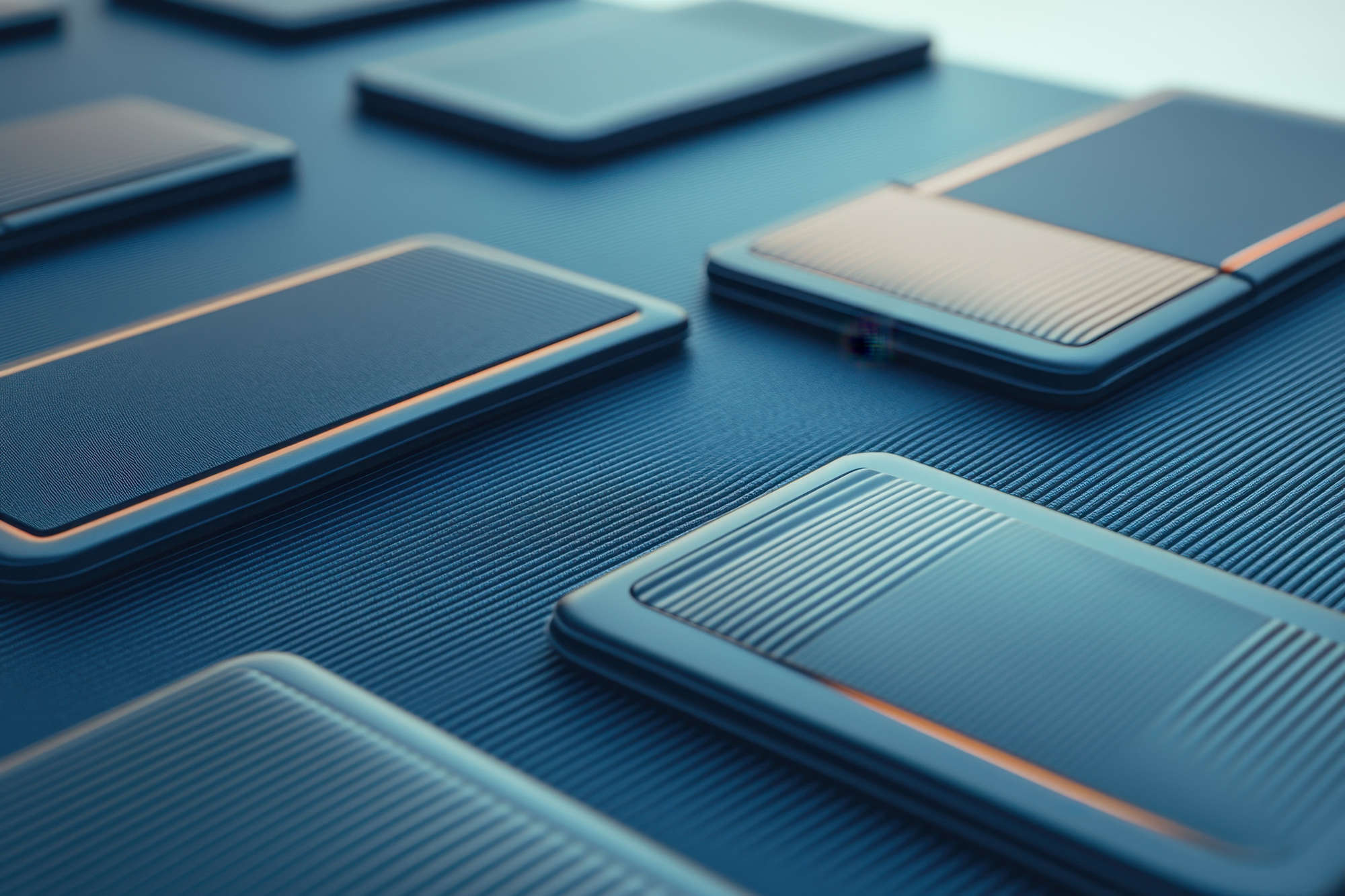 Close up view of stylish rectangular panels arranged on a textured surface