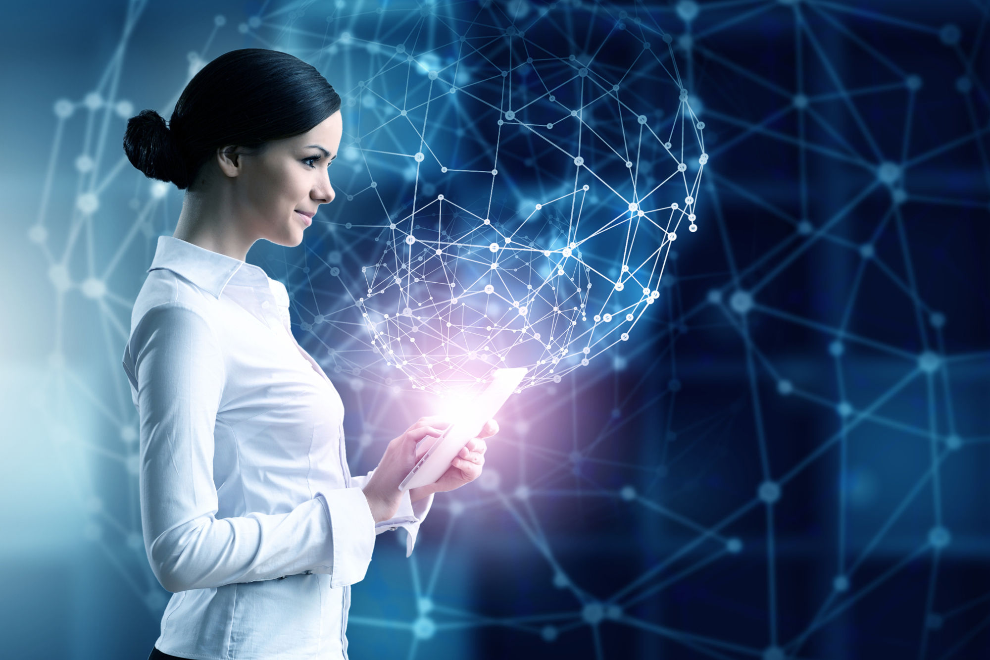 Woman with tablet PC, against high tech blue background